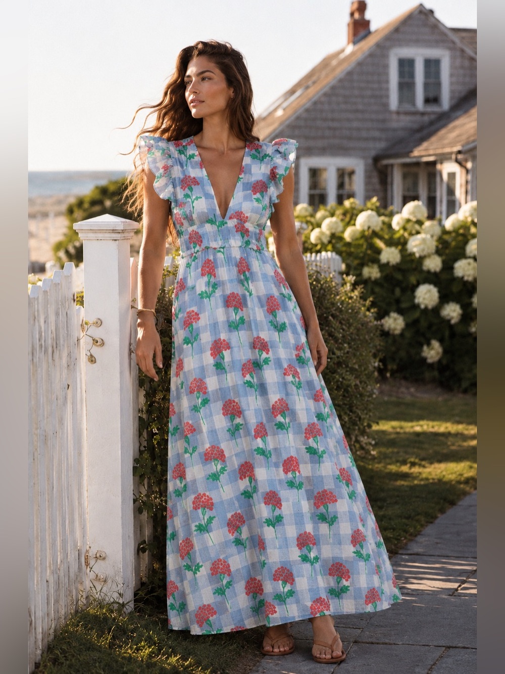 SAIL TO SABLE FLUTTER SLEAVE BLUE GINGHAM RED HYDRANGEA MAXI DRESS SIZE M NWT